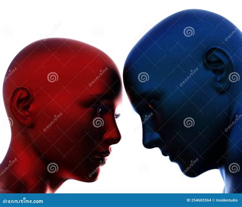 3d Render Portrait Of Blue Bald Man And Red Bald Woman On White Background Stock Illustration