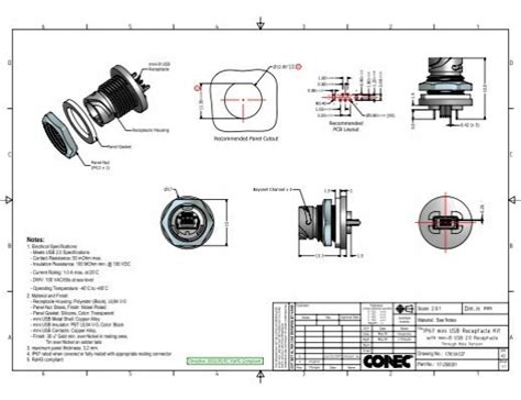 Ip67 Mini Usb Technical Drawings Conec Ip67 Rated Connectors