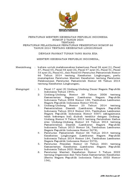 PMK No. 2 Tahun 2023 Tentang Kesehatan Lingkungan | PDF