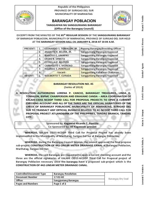 Barangay Resolution 2018 45 Philippines Government