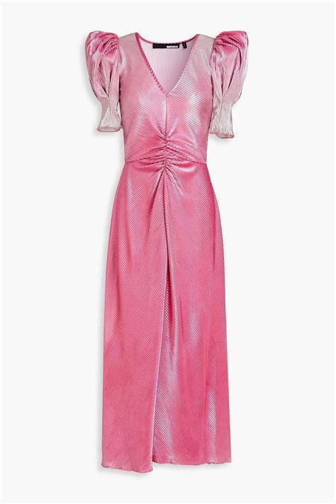 Rotate Birger Christensen Ruched Metallic Pliss Satin Midi Dress In