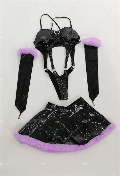 Halloween Gothic Sexy Lingerie Set Bat Wings Cutout Halter Bodysuit And Furry Skirt And Gloves