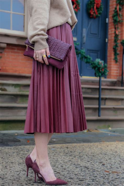 Cashmere Sweater Pleat Leather Skirt Nude Tights Suede Heels Pleated Skirt Outfit Midi