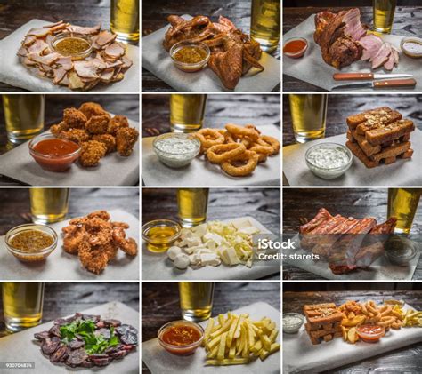Collage Of Different Pictures Of Delicious Beer Snacks Stock Photo