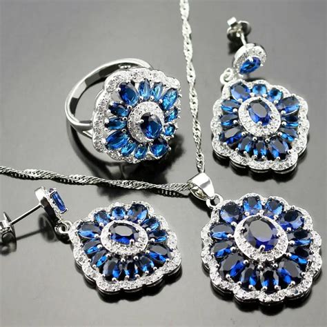 Classic Blue Crystal Zircon Jewelry Set For Women Silver Color Necklace