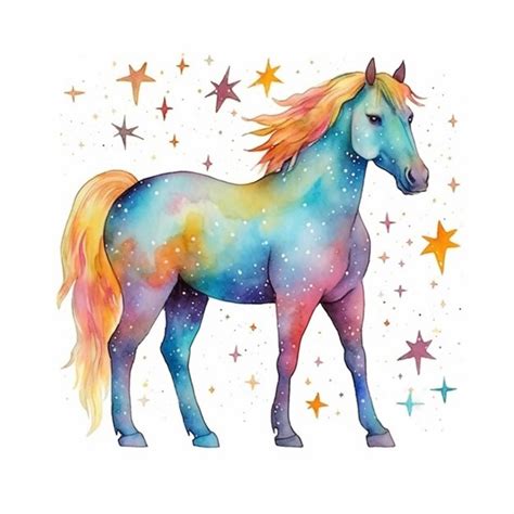 Pintura De Um Cavalo Uma Crina De Arco Ris E Estrelas Ao Fundo