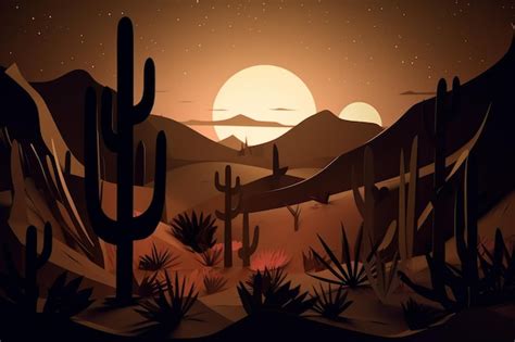 Una Escena Del Desierto Con Una Puesta De Sol Y Cactus Foto Premium