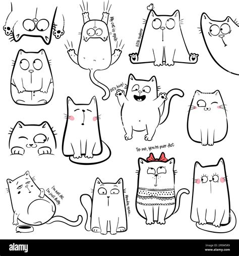 Doodle Cat Set Funny Cartoon Character Vector Illustration Stock