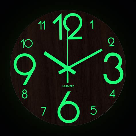 12 Glow In Dark Wall Clock Luminous Wooden Silent Non Ticking Quartz