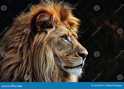 An Impressive Frontal Lions Portrait On A Black Background Stock