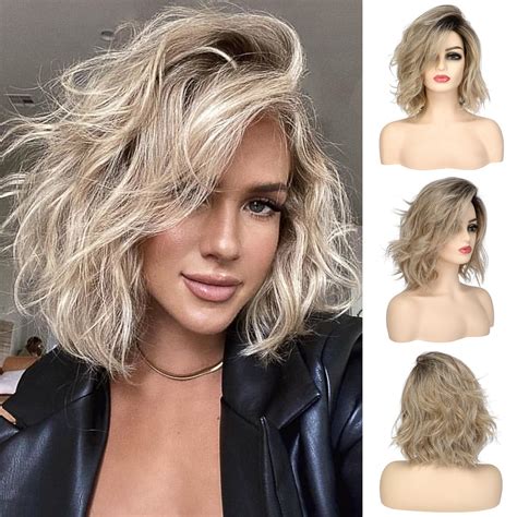 Amazon Jinnhelun 14 Inch Short Curly Wavy Bob Wigs For Women Dirty Blonde Wavy Wigs With