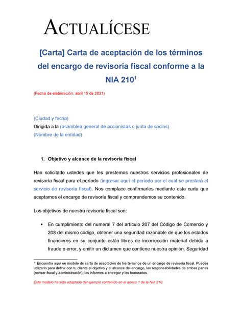 VA21 Carta aceptacion encargo revisoria Carta Carta de aceptación