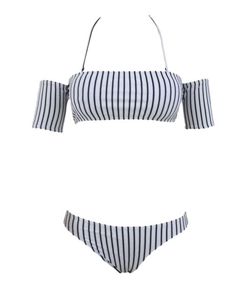 Women Sexy White Off Shoulder Striped Top Bottom Bikini Sets Bathing