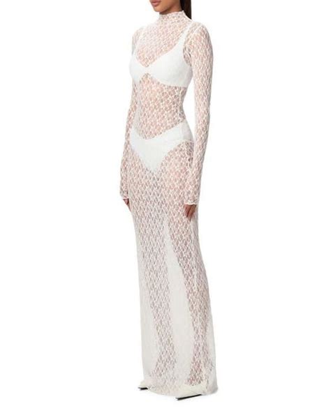 Naked Wardrobe Mock Neck Long Sleeve Sheer Lace Maxi Dress In White Lyst