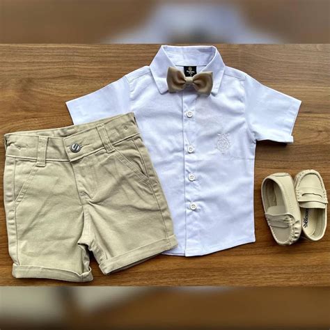 Conjunto Camisa Branca Curta Bermuda Nude Infantil Batizado