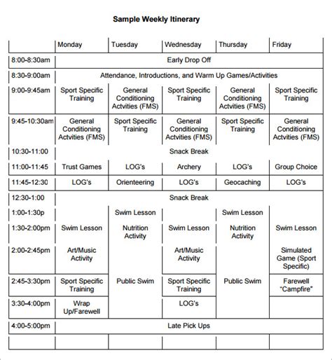 9 Weekly Itinerary Samples Sample Templates