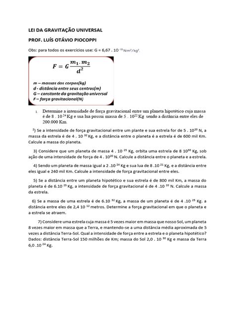 Lei Da Gravitação Universal Exercícios - Cálculos da Lei da Gravitação Universal | PDF