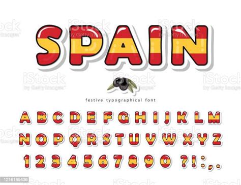 Spain Cartoon Font Spanish National Flag Colors Paper Cutout Glossy Abc Letters And Numbers