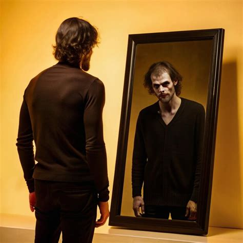 A Man Looking At A Mirror That Has A Face On It Premium Ai Generated