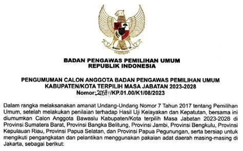 PENGUMUMAN Ini 3 Anggota Bawaslu Kabupaten Kota 2023 2028 Terpilih Se