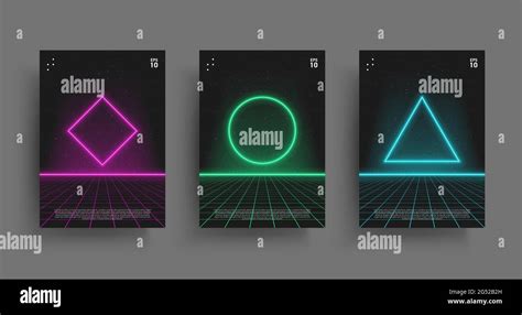 Synthwave Poster Set Glowing Geometry Shapes With Laser Perspective