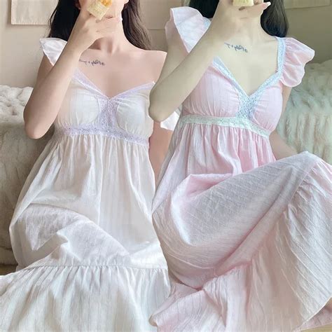Summer Sexy Lace Lingerie V Neck Cotton Nightgowns For Women Korean Long Dress Nightdress
