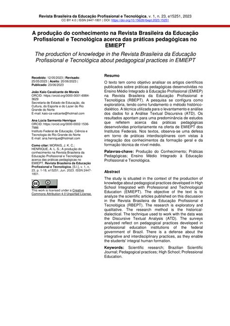 Revista Brasileira De Educação Profissional E Tecnológica - (PDF) A produção do conhecimento na Revista Brasileira da Educação ...