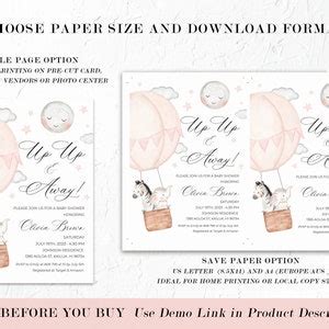 Up Up And Away Hot Air Balloon Girl Pink Baby Shower Invitation Bundle Editable Elephant Baby