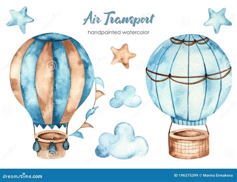 Watercolor Clipart Of Air Transport With Hot Air Balloons Clouds And Stars Stock Illustration
