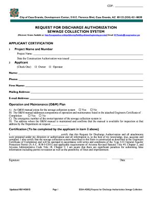 Fillable Online Request For Discharge Authorization Sewage Collection