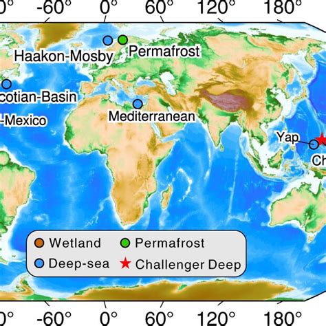 Global map indicating the Challenger Deep (this study; shown with a red ...