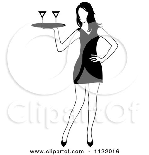 Clipart Of A Black And White Cocktail Waitress Carrying A Tray With Beverages - Royalty Free ...