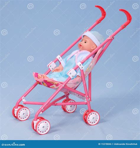 Toy Baby Buggy on Blue Background. Stock Photo - Image of child, wheel