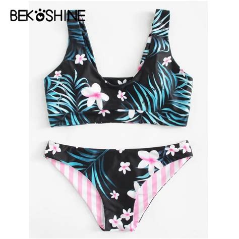 Bekoshine Print Bathingsuit Flower Bathing Suit 2018 Swimwear Blue