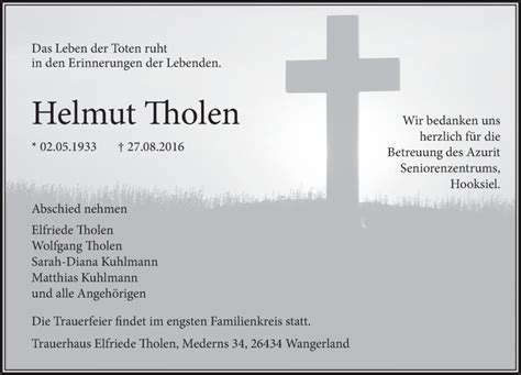 Traueranzeigen Von Helmut Tholen Nordwest Trauer De