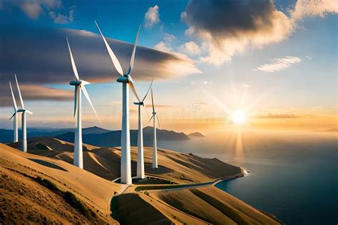 Panoramic View Of Wind Farm With High Wind Turbines Stock Photo Image