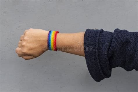 Close Up Of A Woman Arm With A Lgbtq Rainbow Wristband Concept Of Gay Pride Month Lesbian