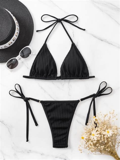 SHEIN Swim SXY Ribbed Bikini Set Heart Chain Linked Halter Triangle Bra G String Bottom