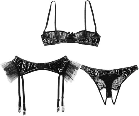 Amazon YOOJIA Women S Wet Look Lingerie Set Sexy Bra And Panty Set With Garter Belt G
