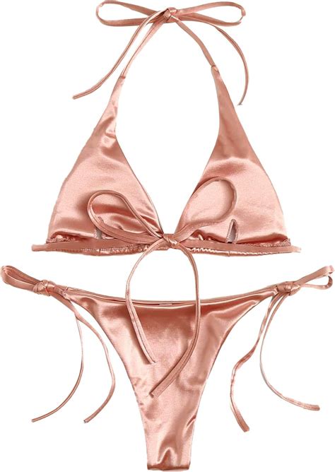 Amazon Soly Hux Women S Sexy Metallic Halter Top Swimsuit Tie Side Triangle Bikini Pink