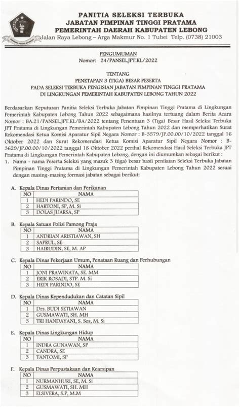 Ini Tiga Besar Hasil Akhir Seleksi Terbuka Jptp Pemkab Lebong