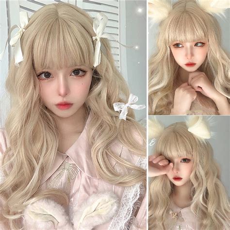 Synthetic Blonde Wigs Long Wavy Wig For Women With Bangs Party Daily Cosplay Lolita Heat