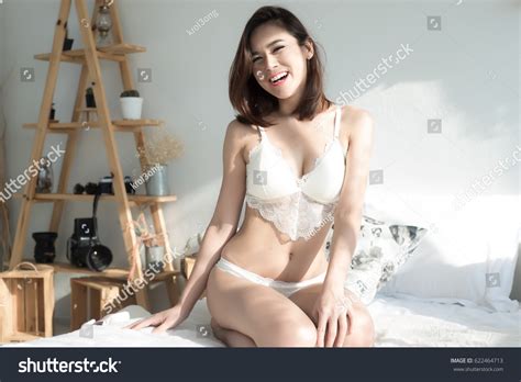 Sexy Beautiful Asian Woman White Lingerie Foto Stok Shutterstock
