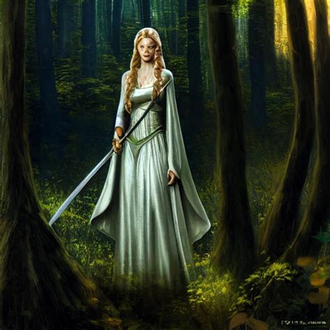 Galadriel Holding An Elvish Steel Sword High In The Midjourney OpenArt