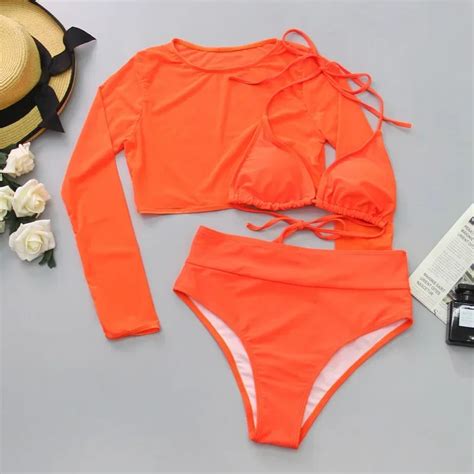 Bikini Naranja Ne N De Manga Larga Para Mujer Traje De Ba O Sexy De
