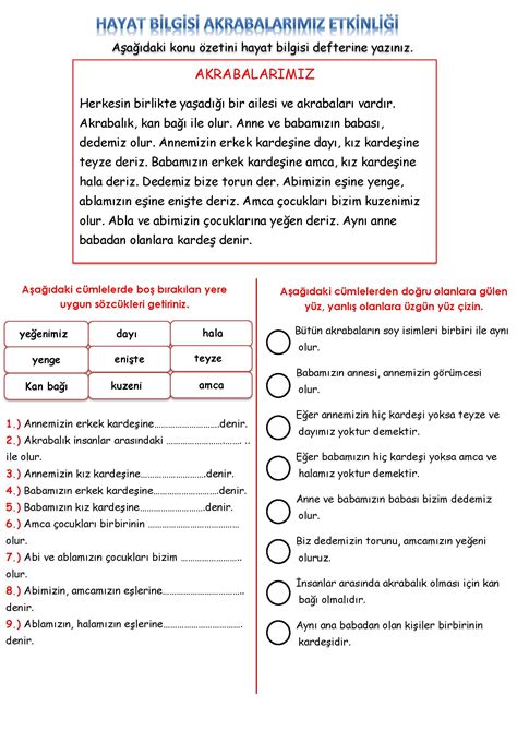 2 Sınıf Hayat Bilgisi Akrabalarımız Etkinliği MaviOkul 2024 2025