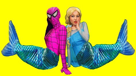Frozen Elsa Becomes A Mermaid W Spiderman Pink Spidergirl Anna And Joker