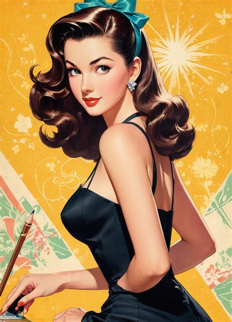 A Vintage Pin Up Poster Of A Beautiful 1950s Woman With Long Brunette