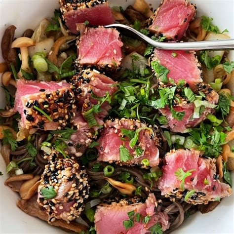 Sesame Crusted Ahi Tuna With Soba Noodles And Veggies