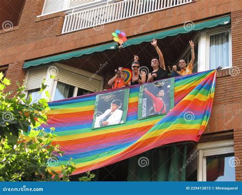 Barcelona Spain June Th Four Happy Gay Men Waving From A Balcony With A Large Gay Flag